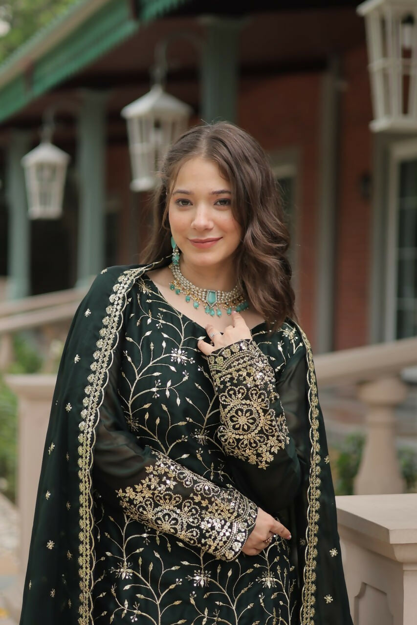 Vastranavya Premium Designer Heavy Sequins & Thread Embroidered work Kurti Palazzo & Dupatta - Mehendi | Grocsy
