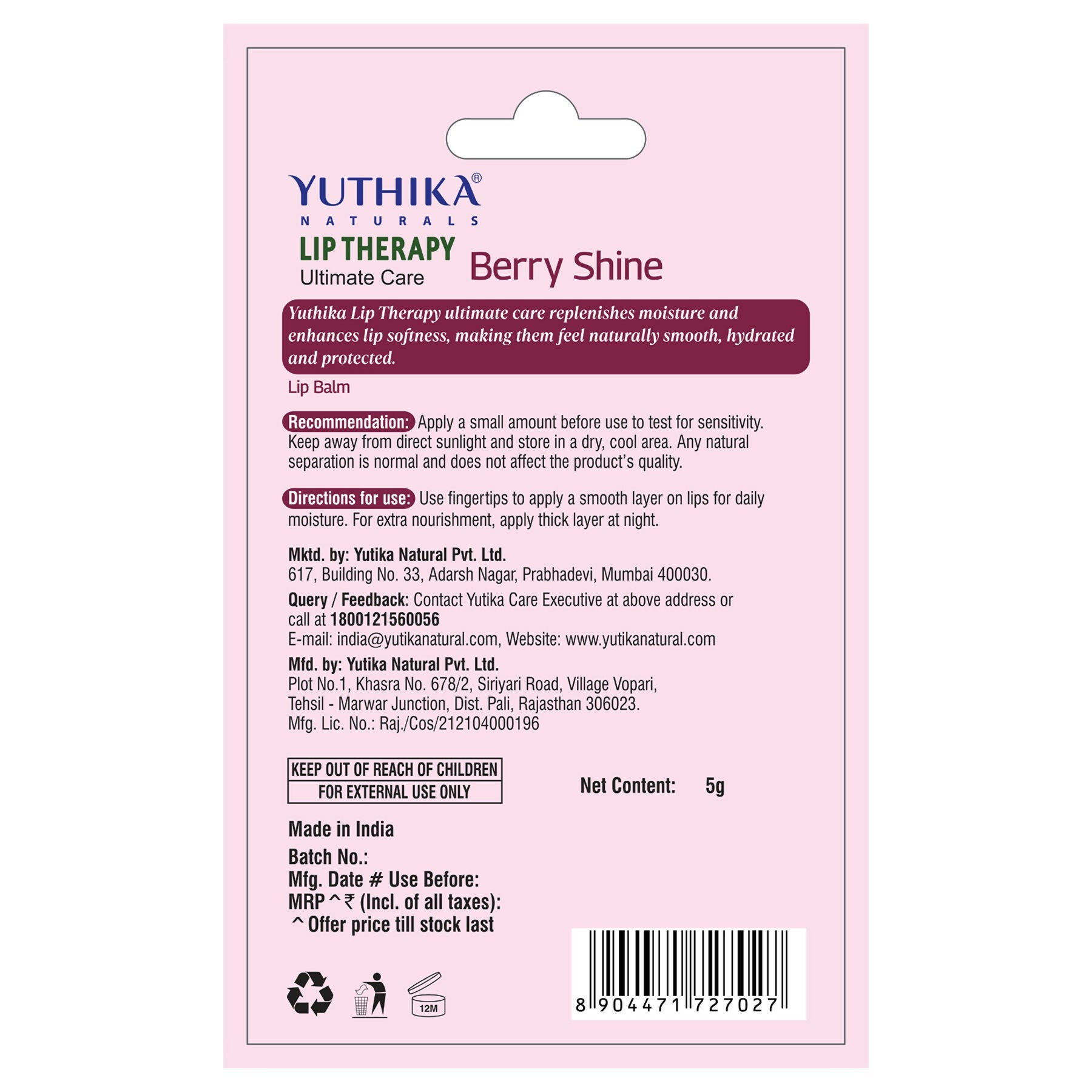 Yuthika Moisturizing Lip Balm – Berry Shine | Grocsy