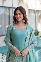 Teeya Creation Womens New Sky Color Fendi Crush With Zari & Sequins Embroidered Work | Grocsy