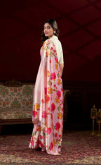 Vastranavya Peach Satin Silk Floral Printed with Pearl Lace Saree with Unstitched Blouse | Grocsy