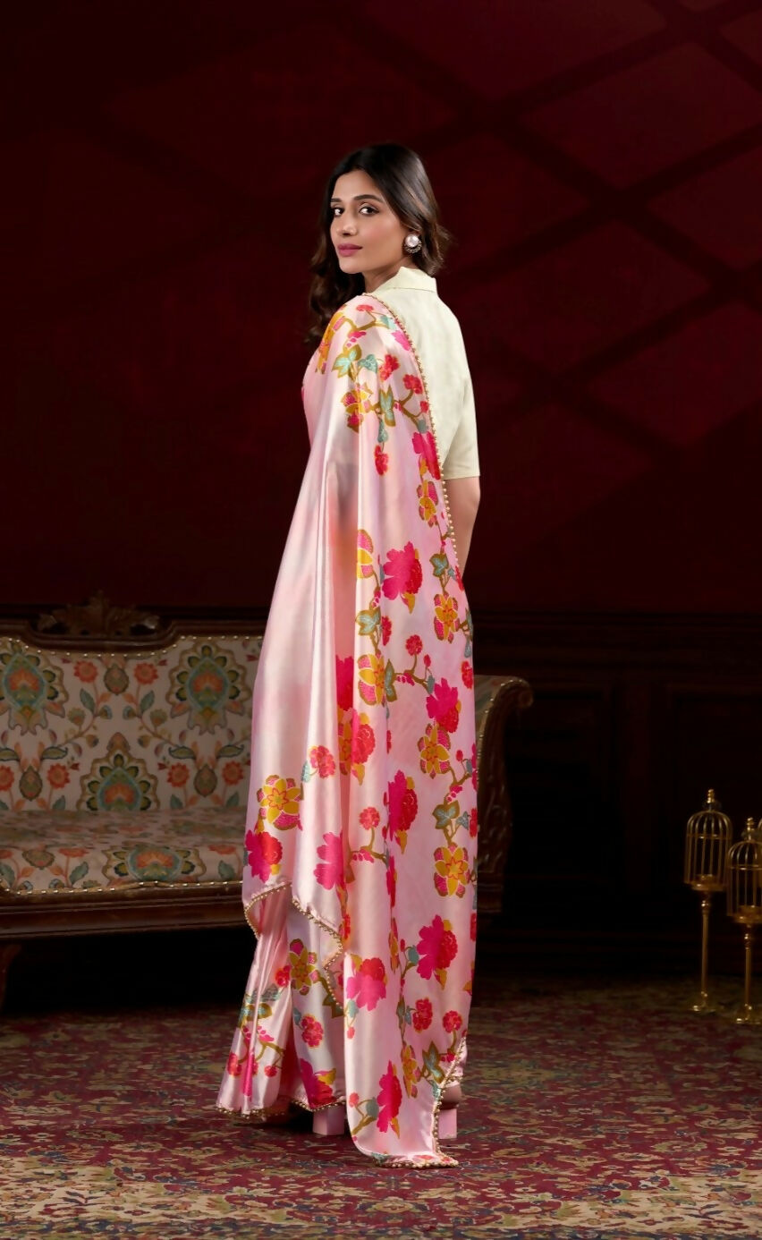 Vastranavya Peach Satin Silk Floral Printed with Pearl Lace Saree with Unstitched Blouse | Grocsy