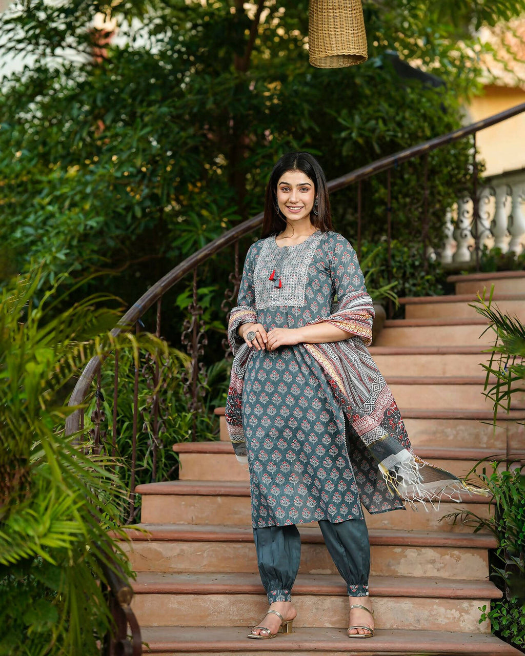 Juniper Women's Grey Cotton Printed Straight Kurta Pant Dupatta Set | Grocsy