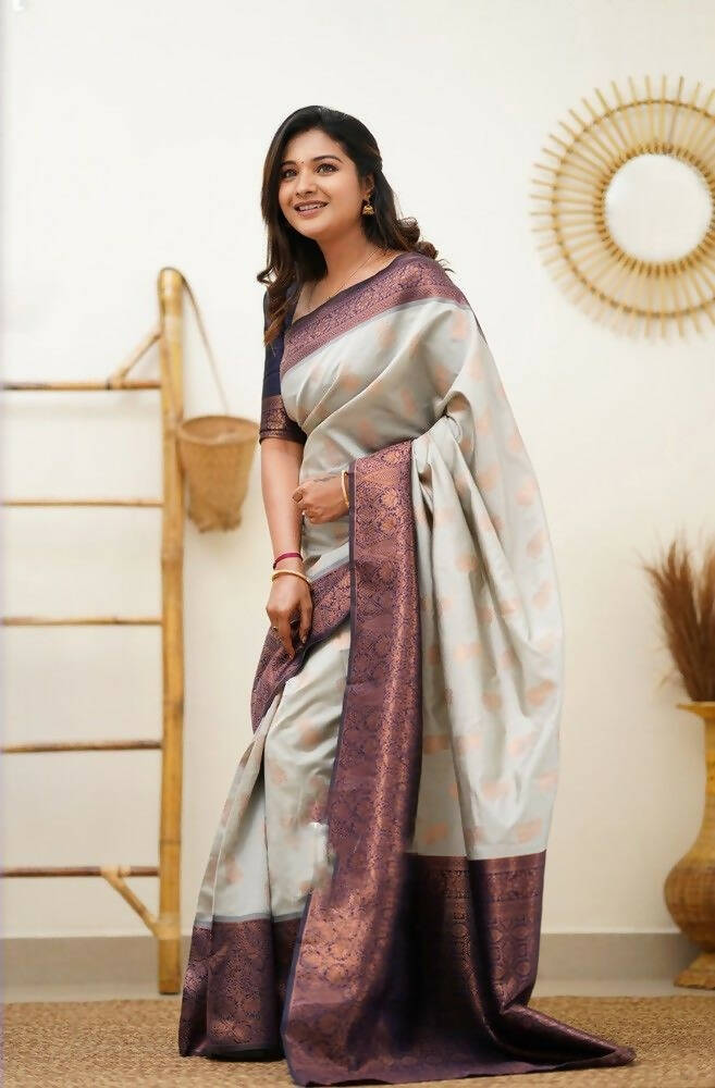 DEIANA'S Beautiful Designer Golden zari Soft Lichi Silk Saree - White | Grocsy