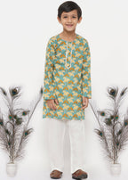 Little Bansi Boys Cotton Bird Print Kurta with Pearl Buttons & Pyjama -Blue & Cream | Grocsy