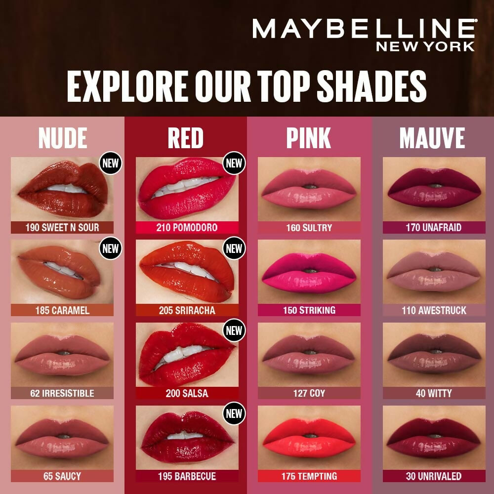 Maybelline New York Super Stay Vinyl Ink Liquid Lipstick, Instant Shine Lasts Up To 16H - Siracha Sauce | Grocsy