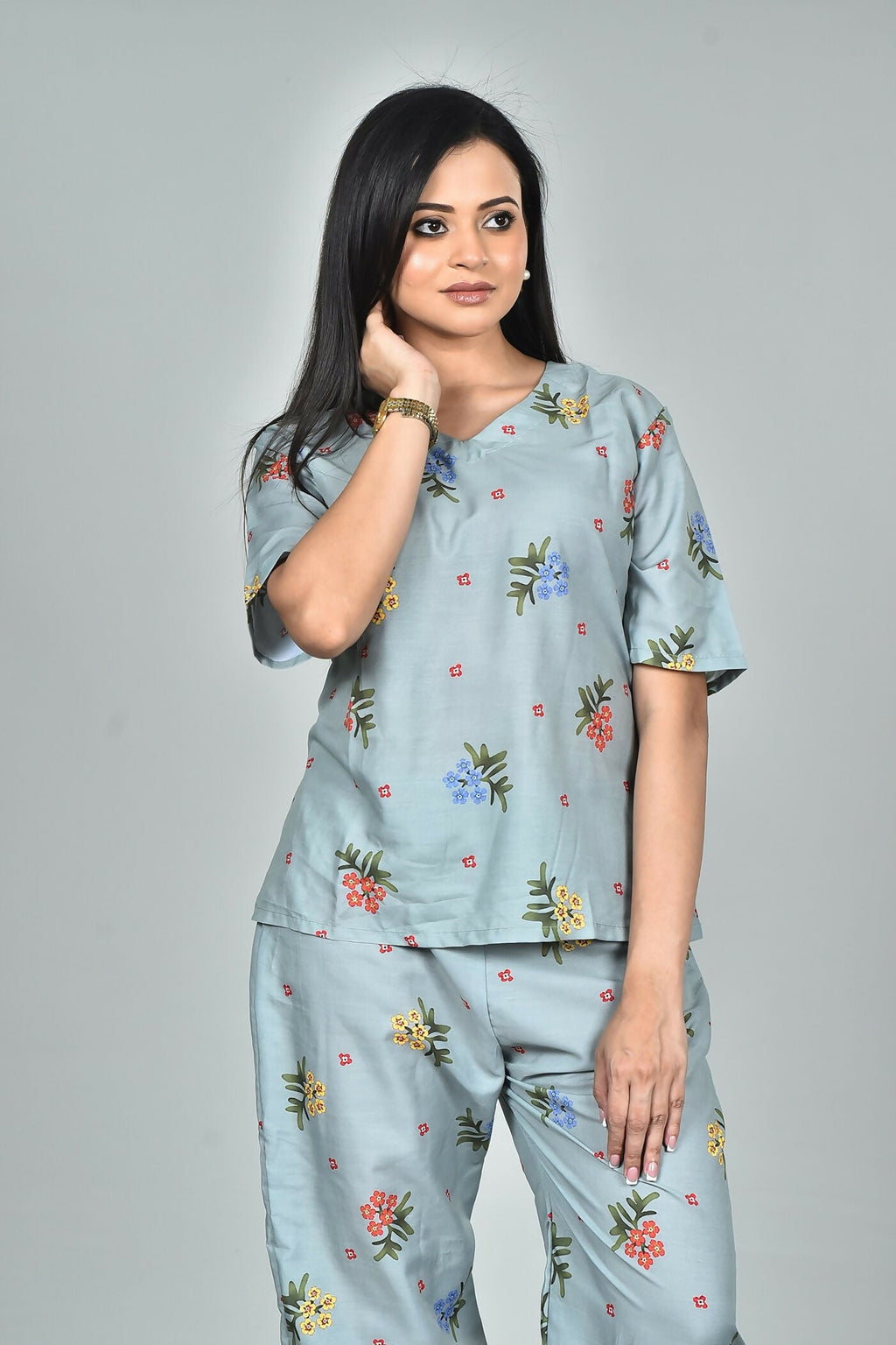 Morchari Digital Print Semi Muslin Co-Ord Set Top & Trouser-Multicolor | Grocsy