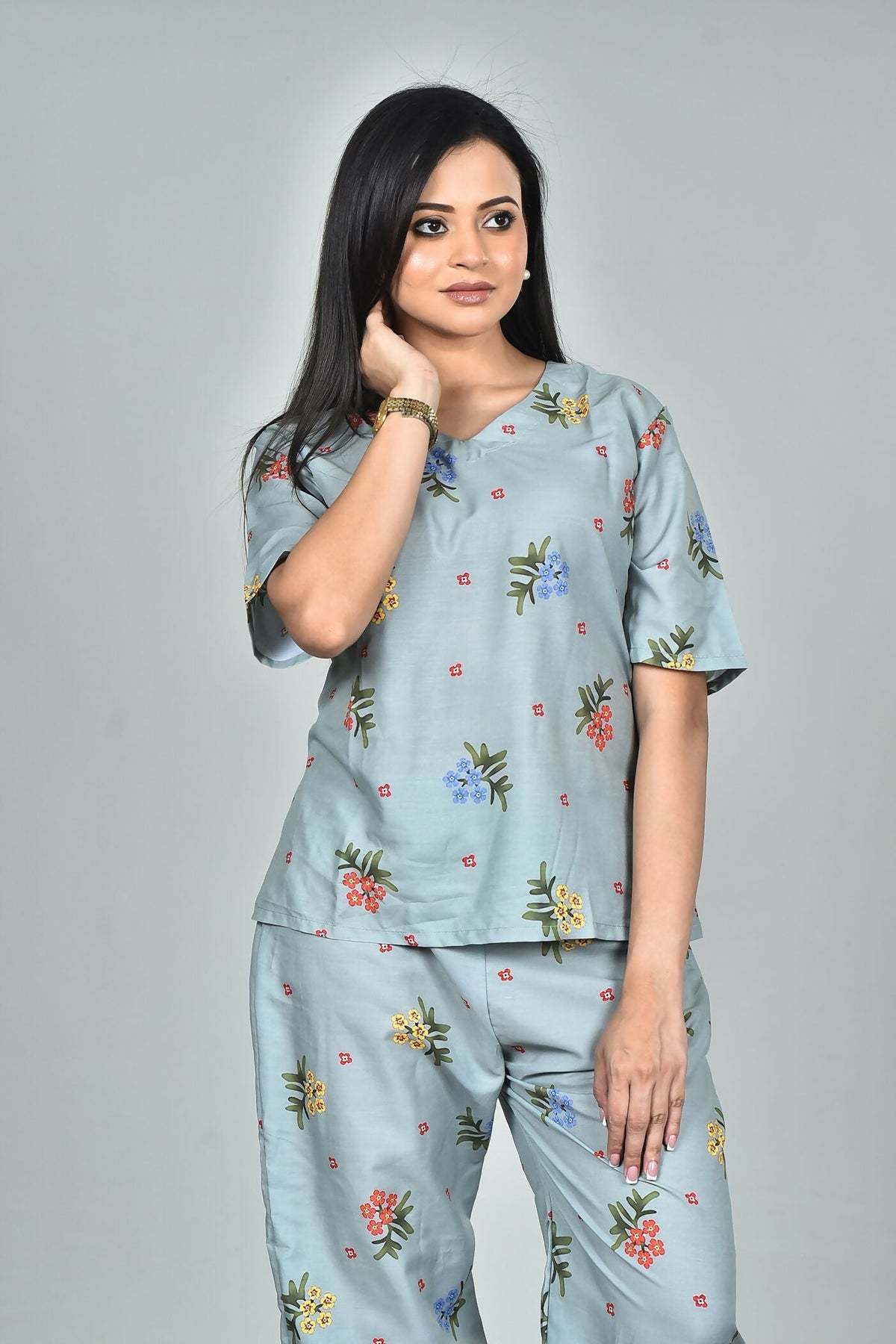 Morchari Digital Print Semi Muslin Co-Ord Set Top & Trouser-Multicolor | Grocsy