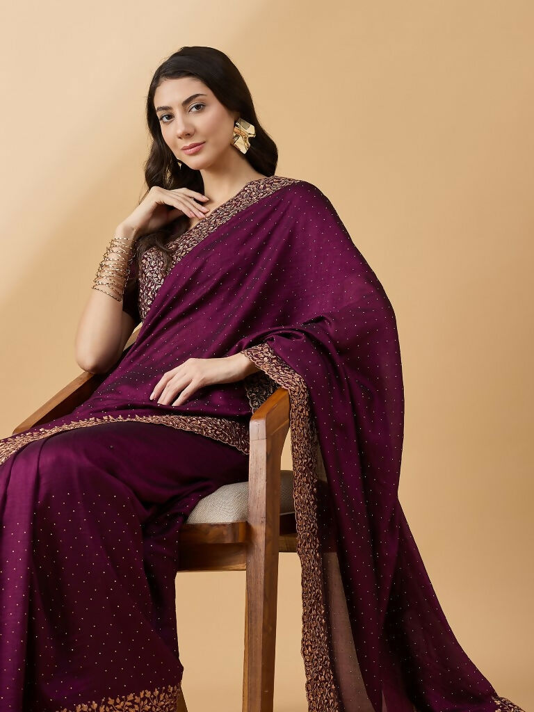 Purple Silk Blend Embroidered Saree with Unstitched Blouse - Vairagi | Grocsy