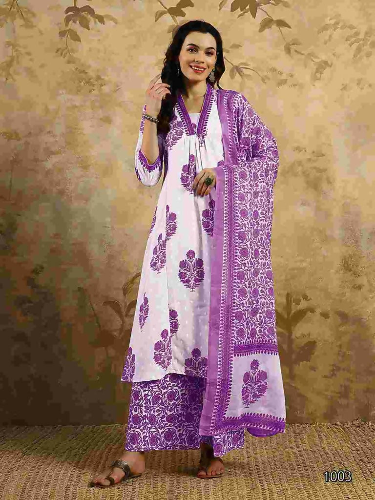 Purple Cotton Blend Printed Anarkali Suit with Dupatta - Rashmika | Grocsy
