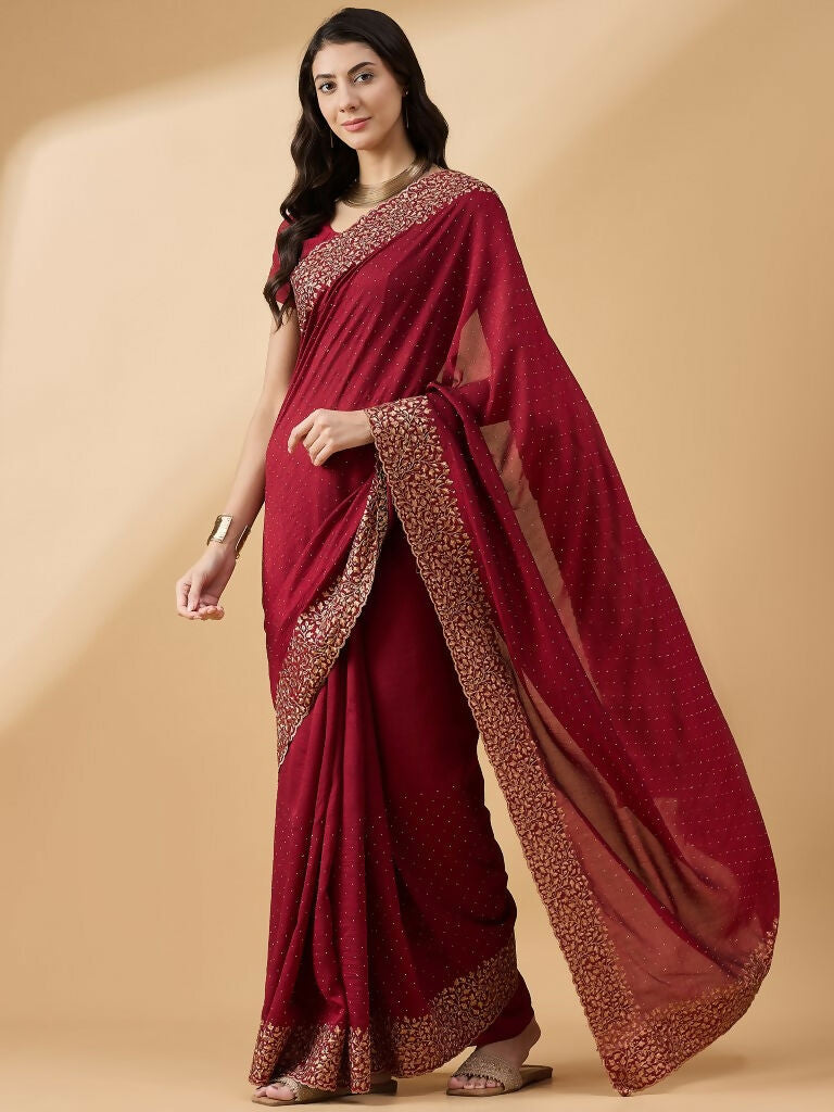 Maroon Silk Blend Embroidered Saree with Unstitched Blouse - Vairagi | Grocsy