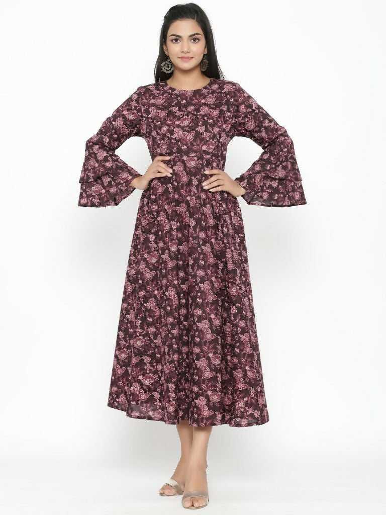 Miravan Women's Maroon Floral Bell Sleeves Anarkali Kurta | Grocsy