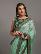 PR Fashion Pista Chinon Embroidery Lace Saree | Grocsy