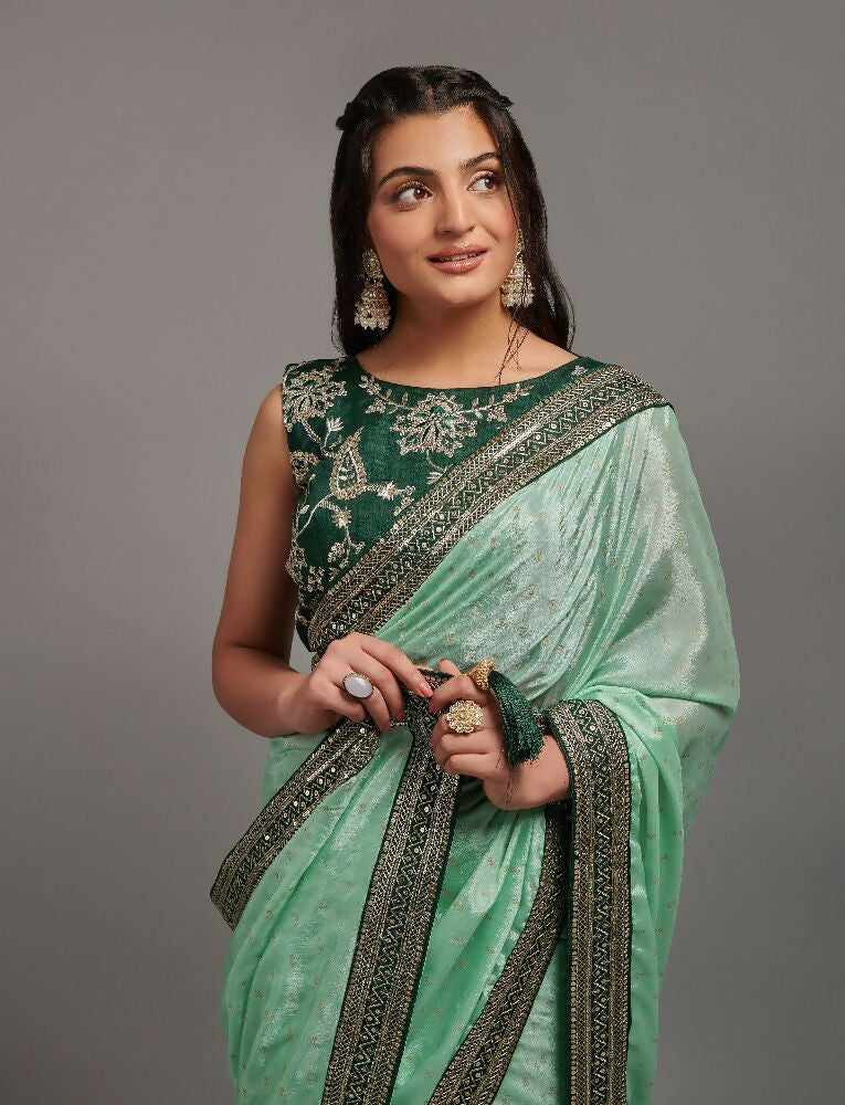PR Fashion Pista Chinon Embroidery Lace Saree | Grocsy
