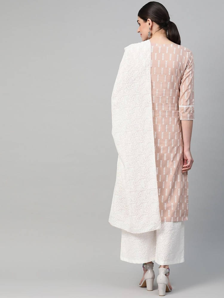 Yufta Women Mauve & White Printed Kurta with Palazzo & Dupatta | Grocsy