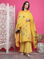 Jyoti Fashion Women's Yellow Muslin Floral Print with Jari & Crystal work Kurta with Trouser & Dupatta | Grocsy