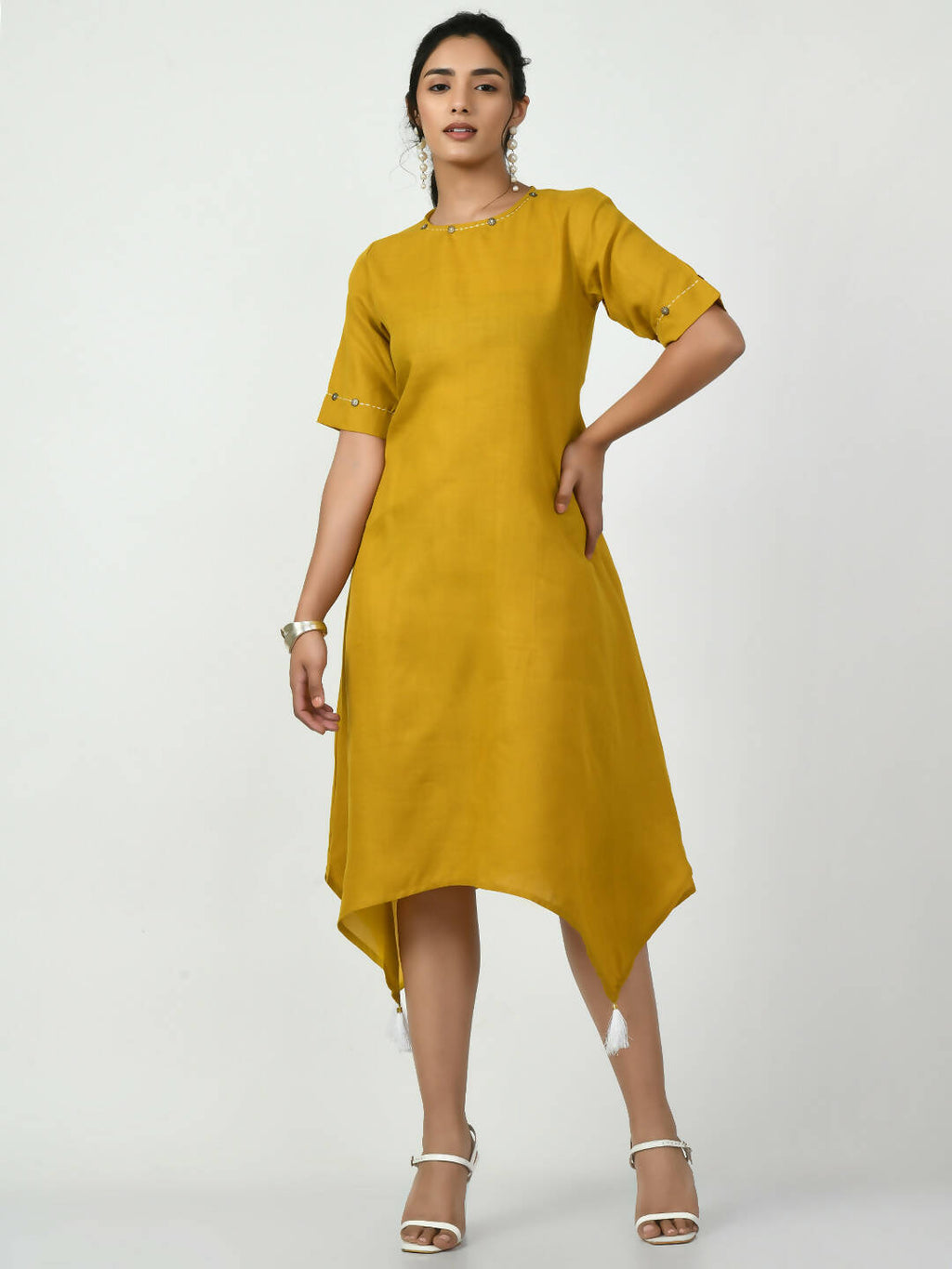 Myshka Women's Mustard A-Line Solid Kurta | Grocsy