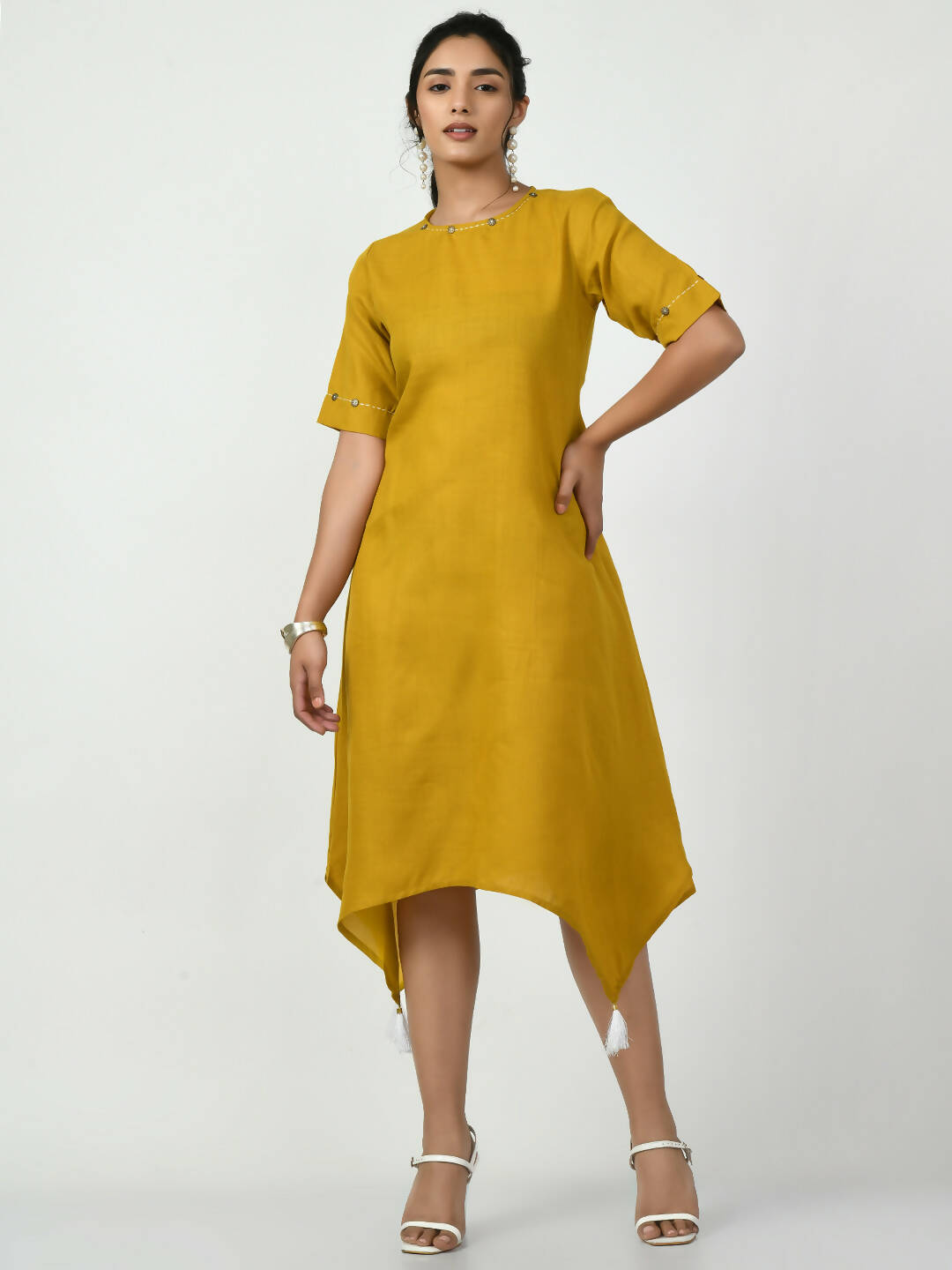 Myshka Women's Mustard A-Line Solid Kurta | Grocsy