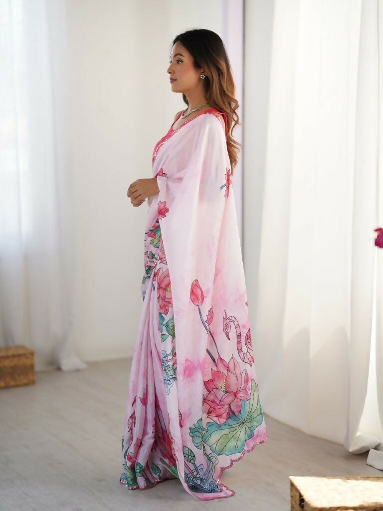 Off White Chinon Designer Digital Printed,Mirror Cut Work Saree - Manvika | Grocsy