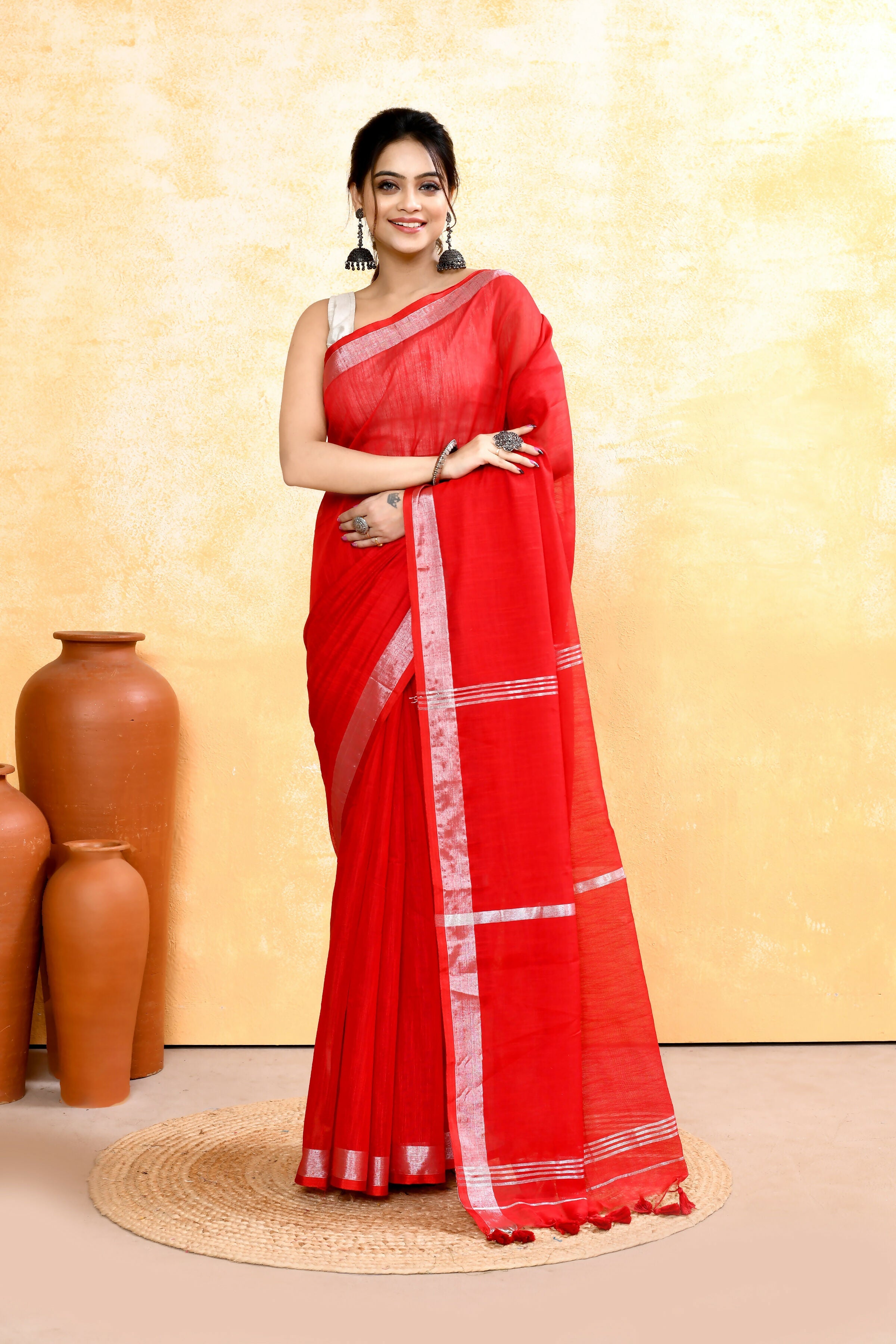 Piyari Fashion Women's Red Embellished Cotton Blend Zari Border Handloom Saree | Grocsy