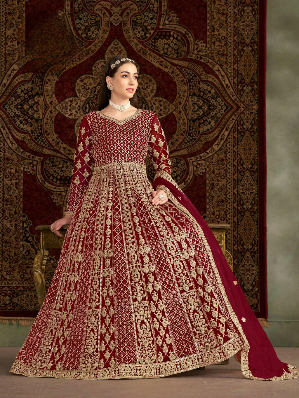 Anaita Maroon Embroidered Net Stitched Anarkali Suit | Grocsy