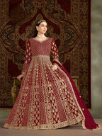 Anaita Maroon Embroidered Net Stitched Anarkali Suit | Grocsy