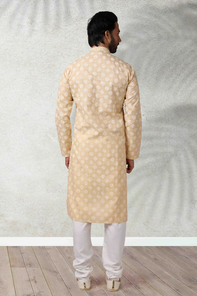 Raivat Ethnic Cotton Printed Work Kurta Pajama In Beige Colour | Grocsy
