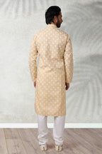 Raivat Ethnic Cotton Printed Work Kurta Pajama In Beige Colour | Grocsy
