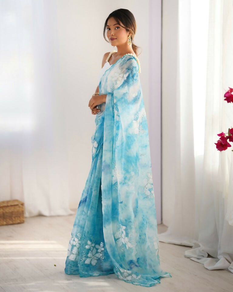 Sky Blue Jimmy Choo Printed, Sequence Embroidery Work Saree - Saima | Grocsy