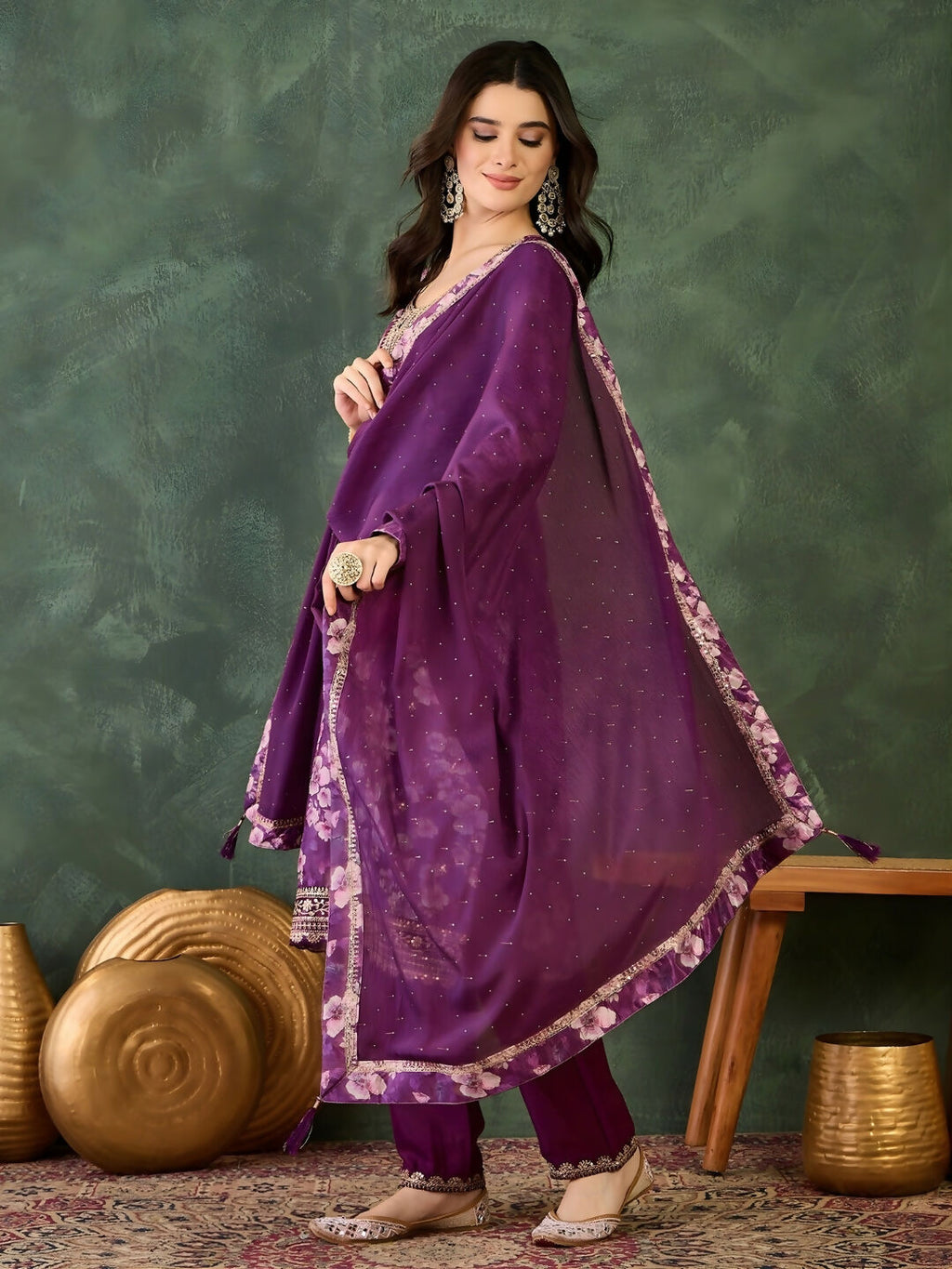 The52 Women's Beautiful Embroidery Work Chinon silk Fabric Straight Kurta Pant and Dupatta Set | Grocsy