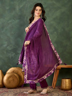 The52 Women's Beautiful Embroidery Work Chinon silk Fabric Straight Kurta Pant and Dupatta Set | Grocsy