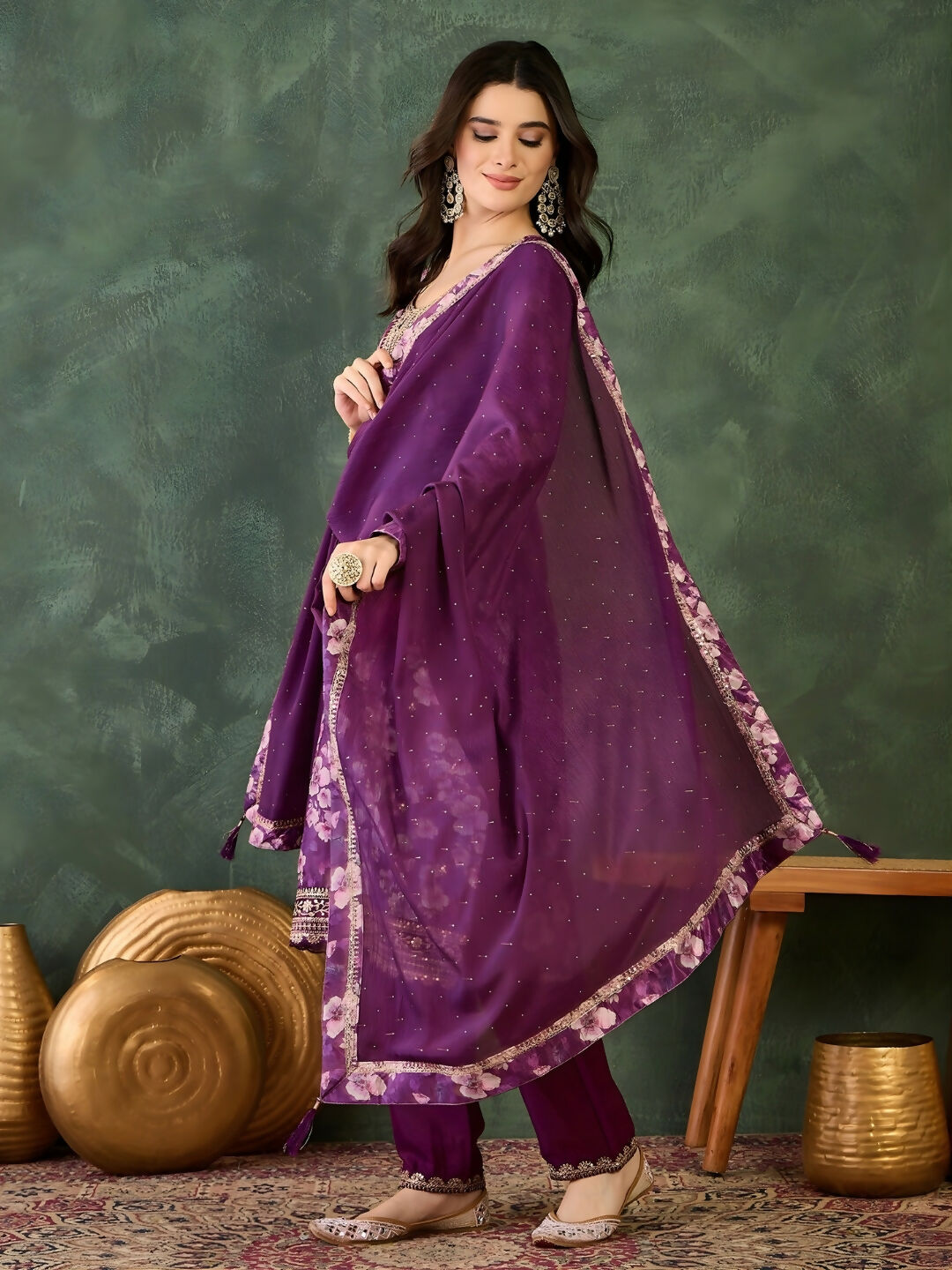 The52 Women's Beautiful Embroidery Work Chinon silk Fabric Straight Kurta Pant and Dupatta Set | Grocsy