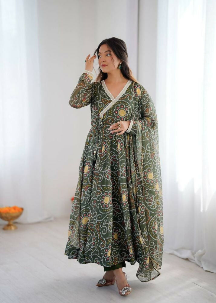Teeya Creation Green Soft Organza Digital Printed Functional Wear Trending Long Gown | Grocsy