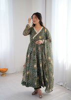 Teeya Creation Green Soft Organza Digital Printed Functional Wear Trending Long Gown | Grocsy