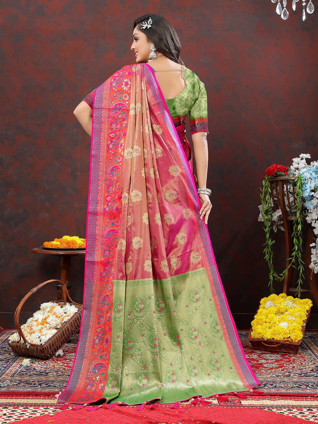 Lorenvalley Fashion Magenta Kanjivaram Silk Woven Design with Zari Weaving Saree | Grocsy