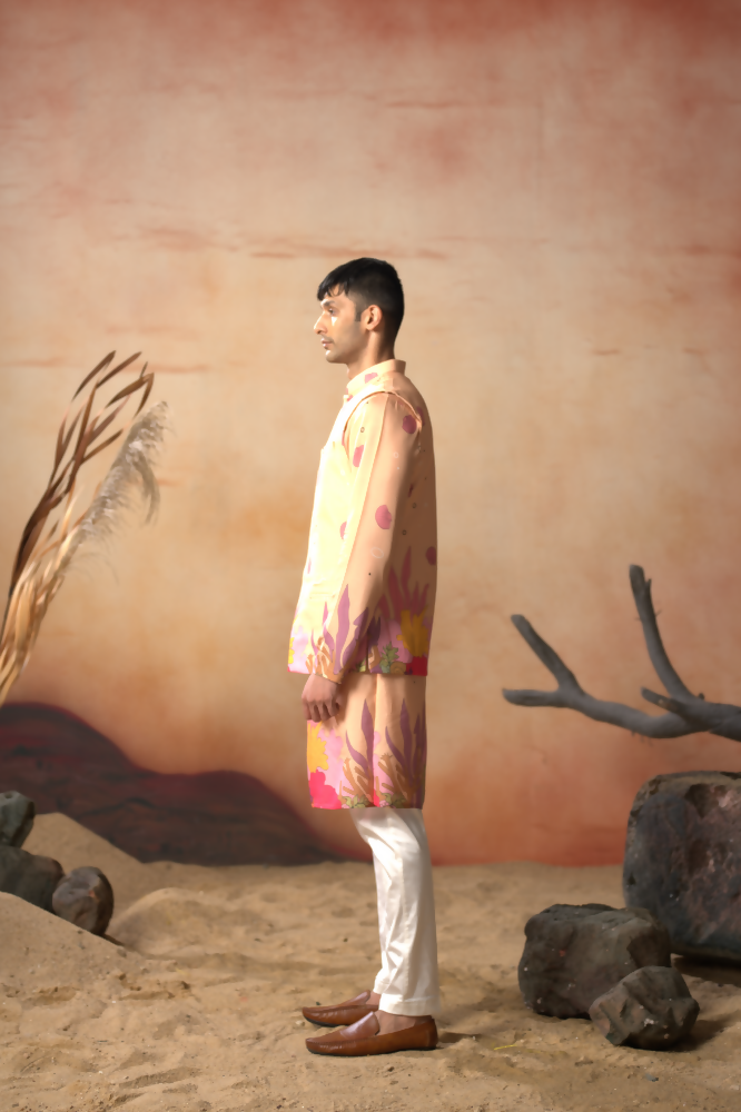 Coral Sunset Nehru Jacket Set by Hilo Design | Grocsy