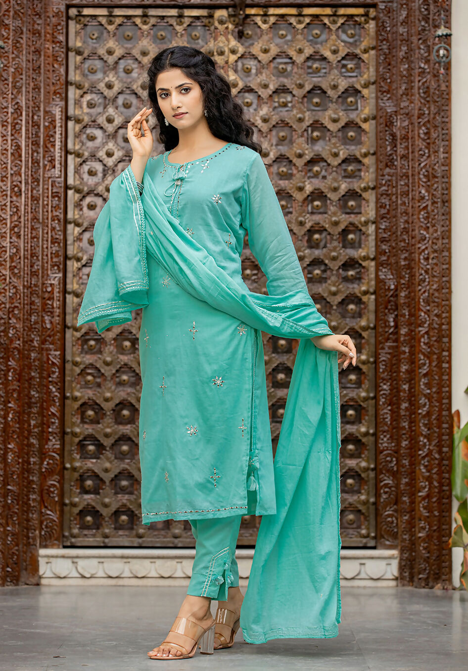 Kaajh Women's Sky Blue Mirror Embellished Cotton Suit Set | Grocsy