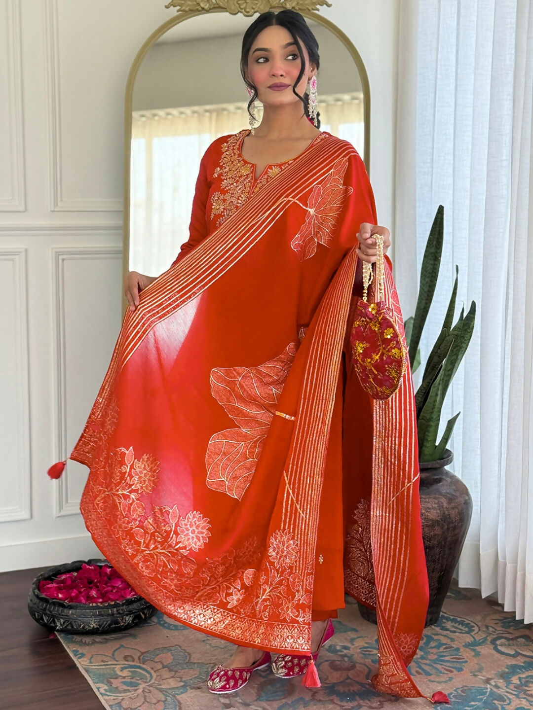 The52 Rust Women's Gorgeous Roman Silk Fabric Straight Kurta, Pant and Dupatta Set | Grocsy