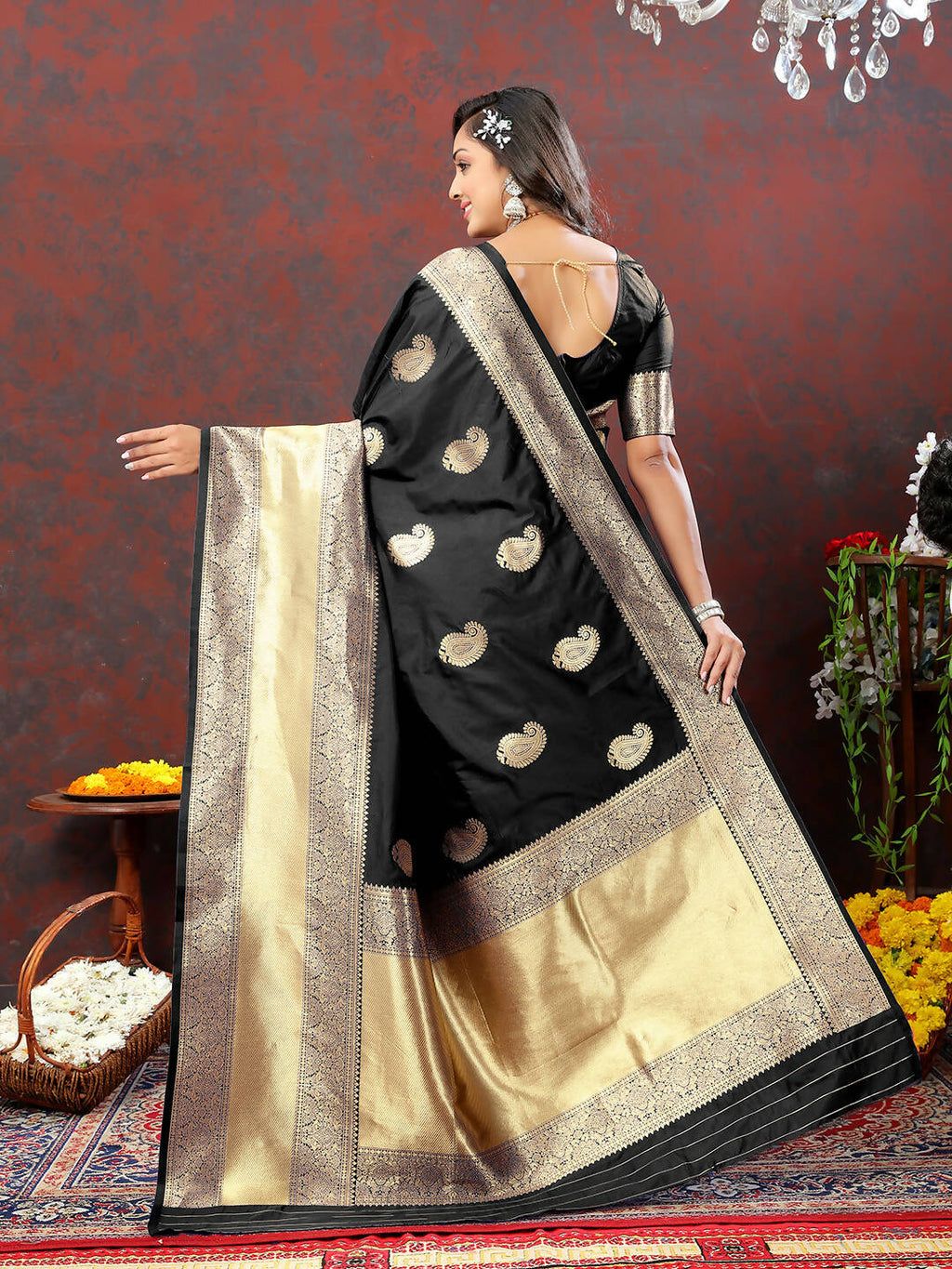 Lorenvalley Fashion Black Soft Silk Woven Design Gold Zari Weaving Saree | Grocsy
