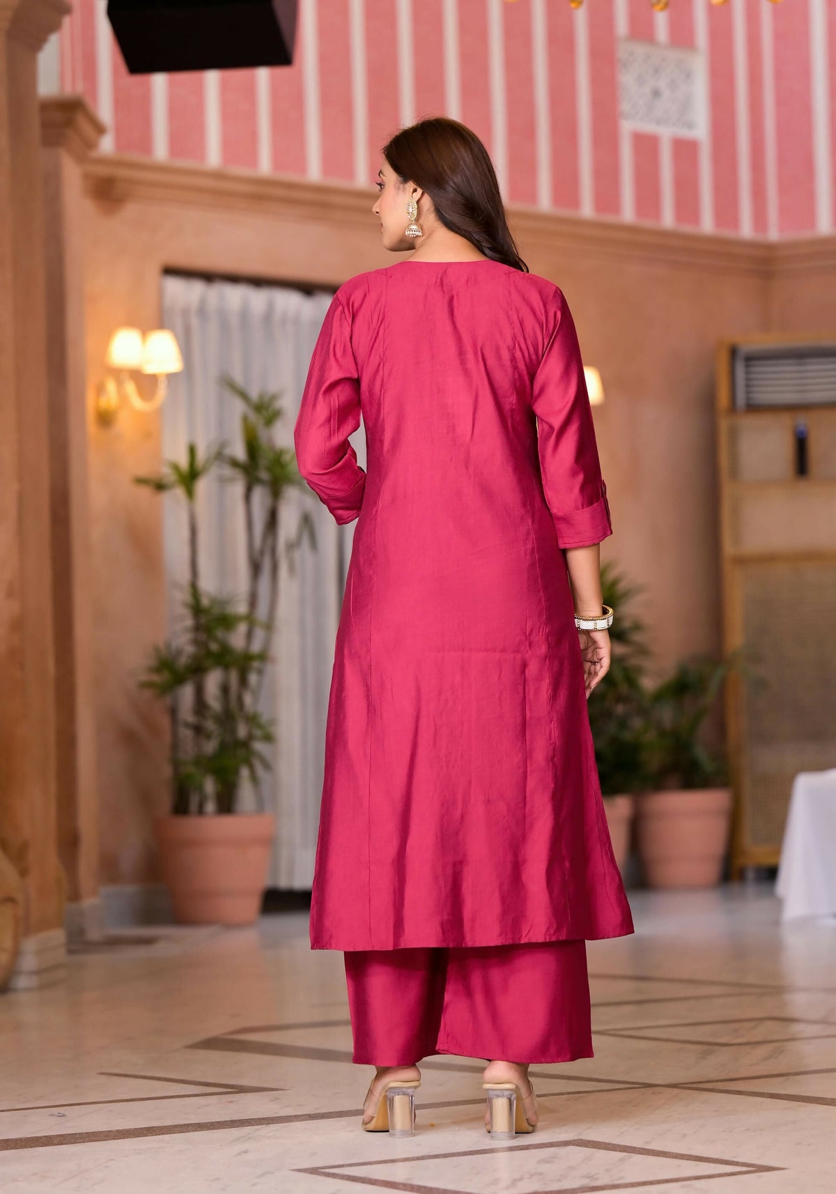 Juniper Women's Fuchsia Zari Embroidered Cotton Kurta Set With Button Closure | Grocsy