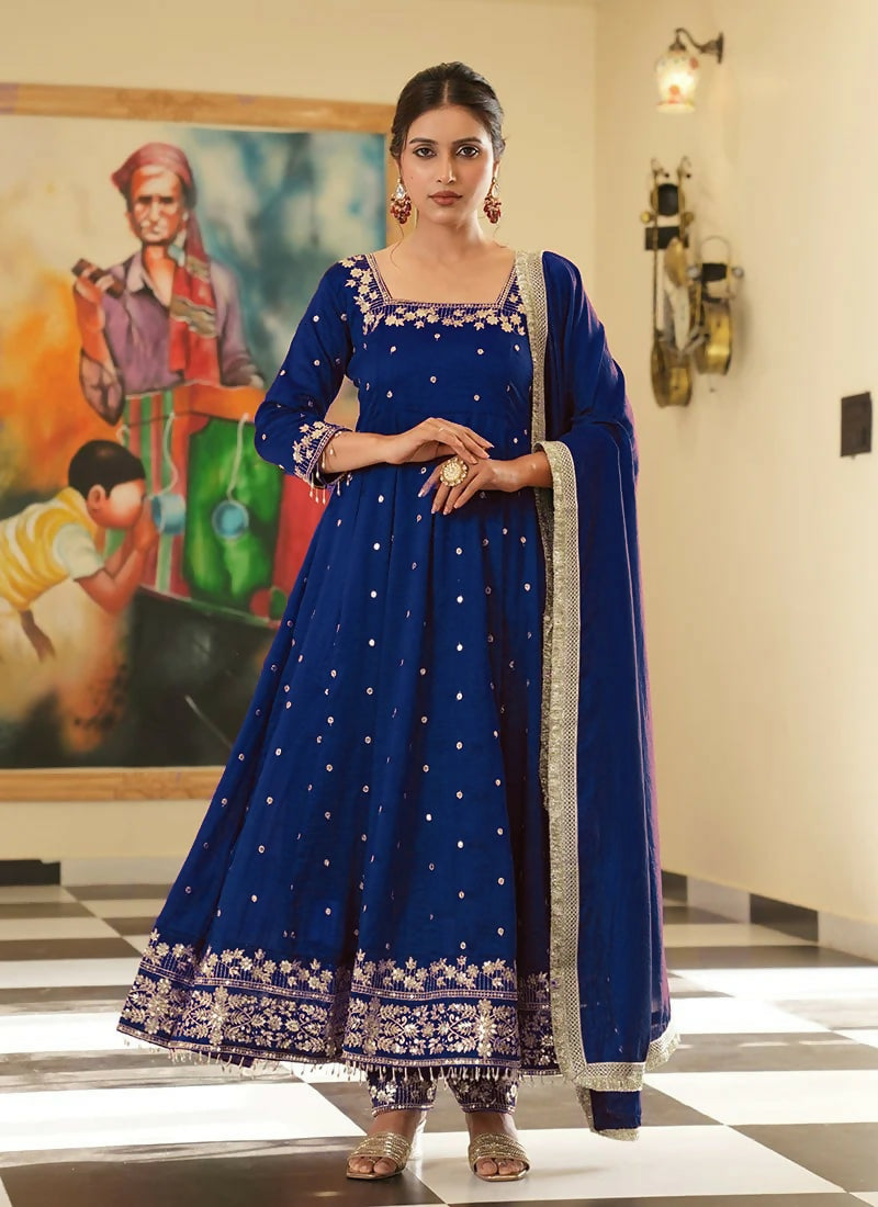 Teeya Creation Royal Blue Color Pure Vichitra Silk Embroidery Work Party Wear Gown | Grocsy