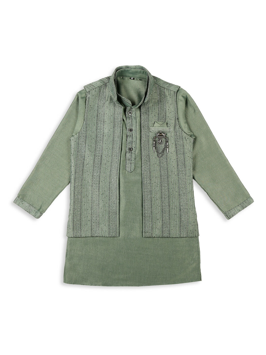 Joban Fashion Kids Island Embroidery Sequence Full Sleeves Kurta, Pyjama Set with Nehru Jacket - Green | Grocsy