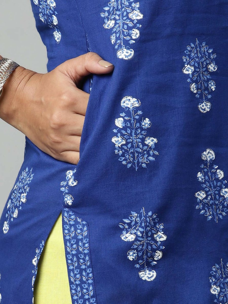 Ahalyaa Womens Royal Blue Pure Cotton Printed Tunic Sharara Set | Grocsy