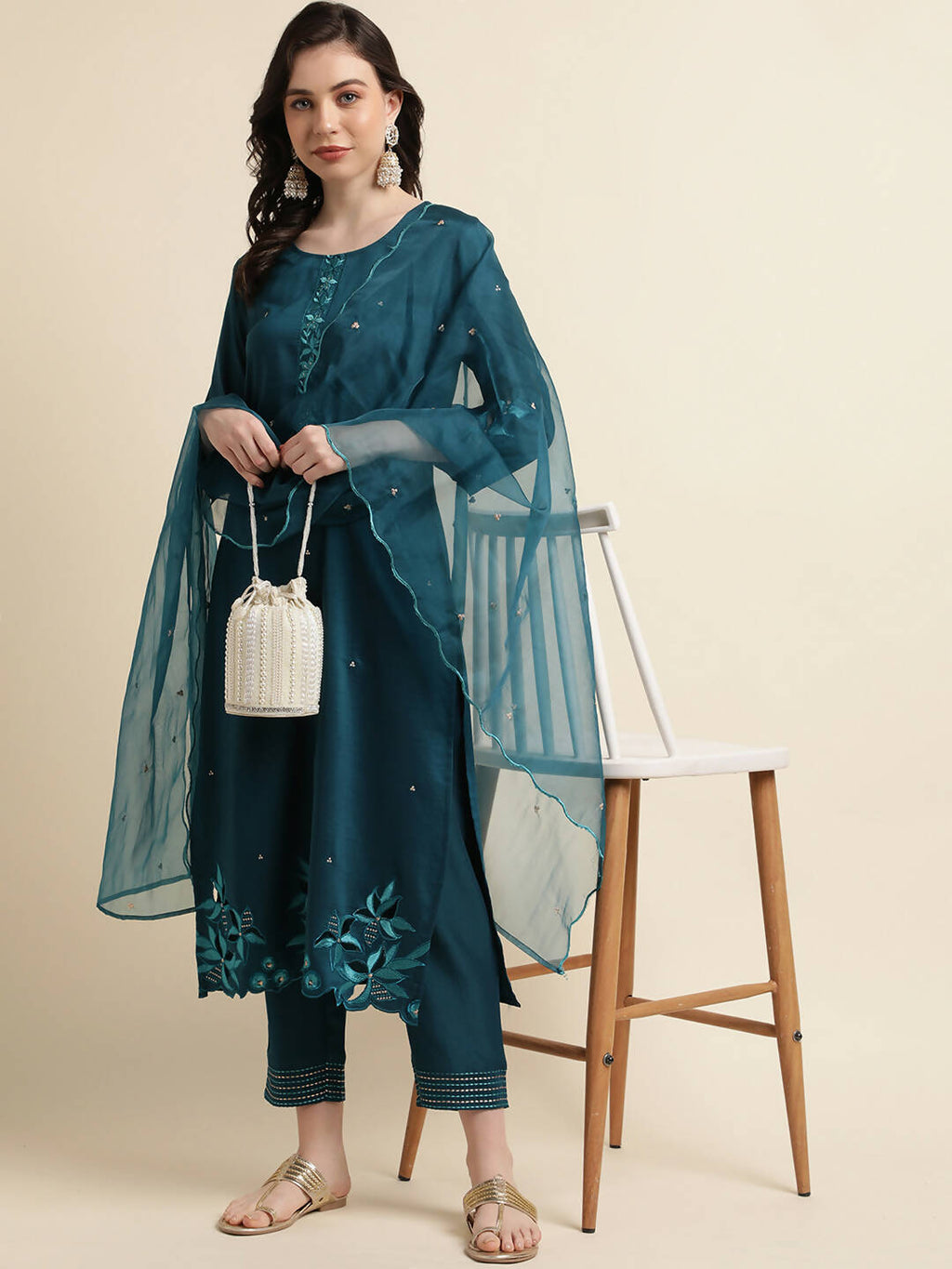 Teal Chinon Silk Embroidered Straight Kurta with Trouser & Dupatta - Salimar | Grocsy