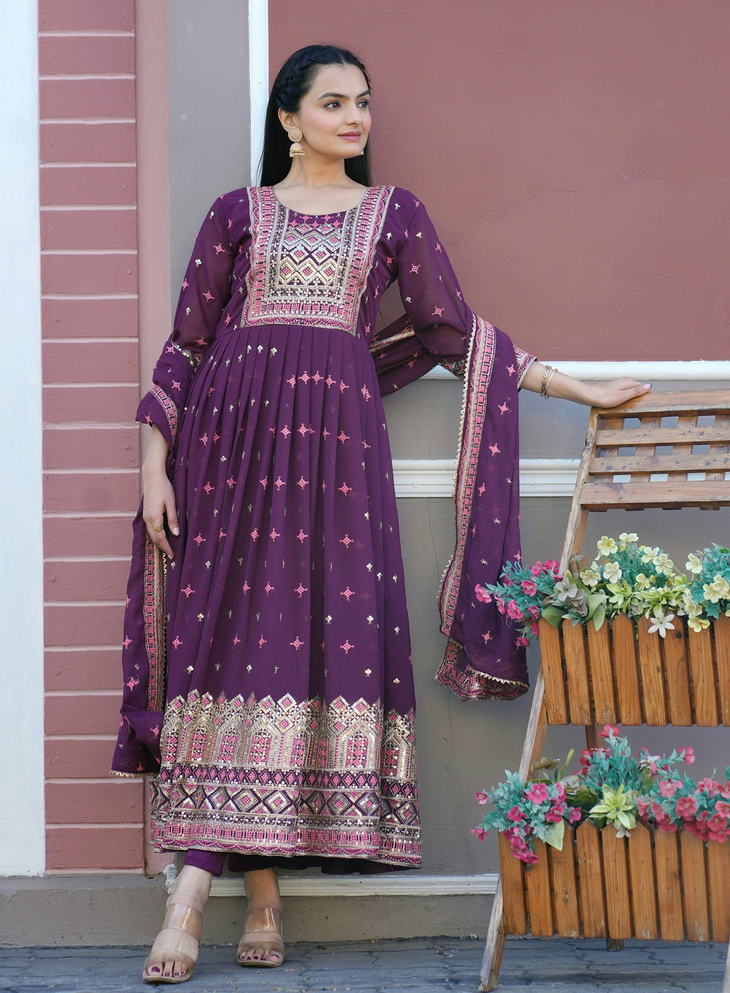 Lehenga Mart Designer Faux Georgette Gown With Sequence Embroidered Work - Purple | Grocsy