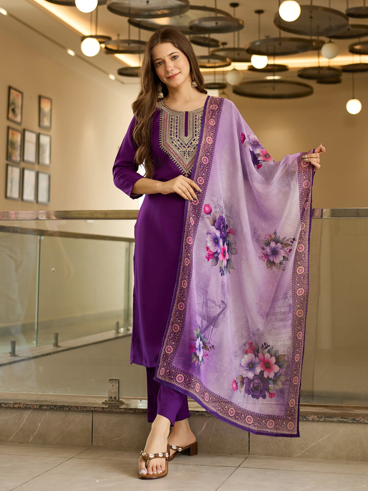 The52 Embroidered Rayon Fabric Straight Kurta, Pant and Dupatta Set | Grocsy