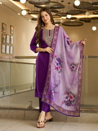 The52 Embroidered Rayon Fabric Straight Kurta, Pant and Dupatta Set | Grocsy