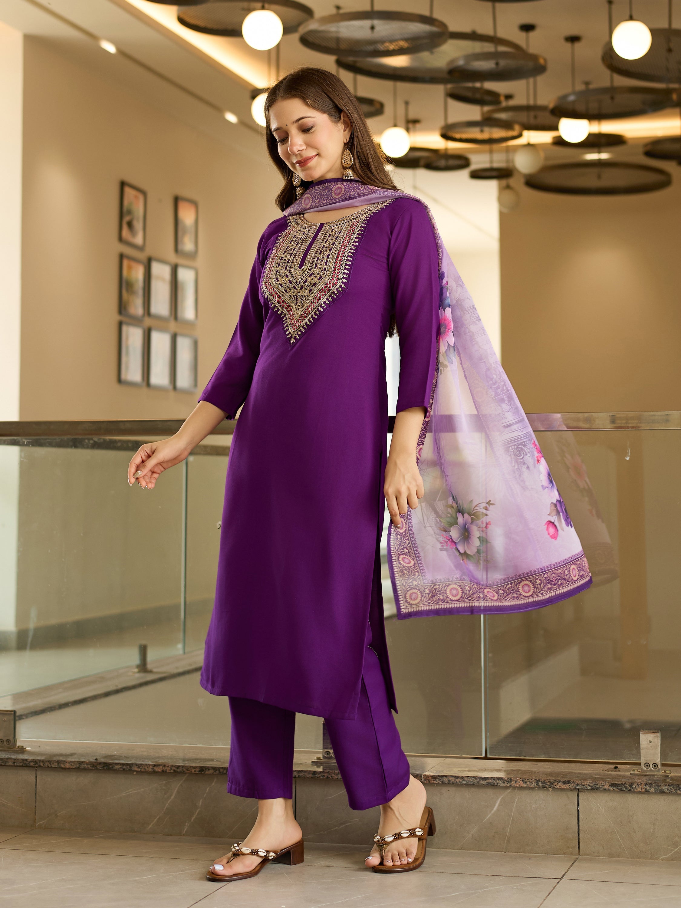 The52 Embroidered Rayon Fabric Straight Kurta, Pant and Dupatta Set | Grocsy