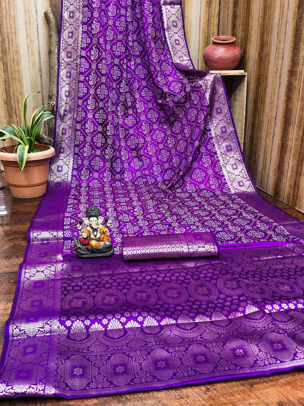Anaita Purple Soft Satin Silk Bandhej Print Saree With Kanchi Zari Weaving Border | Grocsy