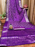 Anaita Purple Soft Satin Silk Bandhej Print Saree With Kanchi Zari Weaving Border | Grocsy