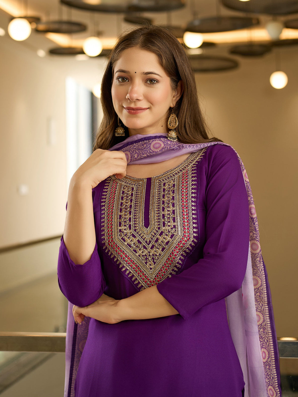 The52 Embroidered Rayon Fabric Straight Kurta, Pant and Dupatta Set | Grocsy